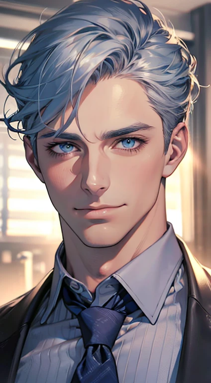 (best quality,4k,8k,highres,masterpiece:1.2),ultra-detailed,(realistic,photorealistic,photo-realistic:1.37),1 man,31 years old,mature man,very handsome,without expression,smile,short grey blue hair,blue eyes,penetrating gaze,perfect face without errors,imposing posture,businessman,office background,cinematic lighting,hdr image