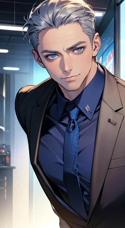 (best quality,4k,8k,highres,masterpiece:1.2),ultra-detailed,(realistic,photorealistic,photo-realistic:1.37),1 man,31 years old,mature man,very handsome,without expression,smile,short grey blue hair,blue eyes,penetrating gaze,perfect face without errors,imposing posture,businessman,office background,cinematic lighting,hdr image