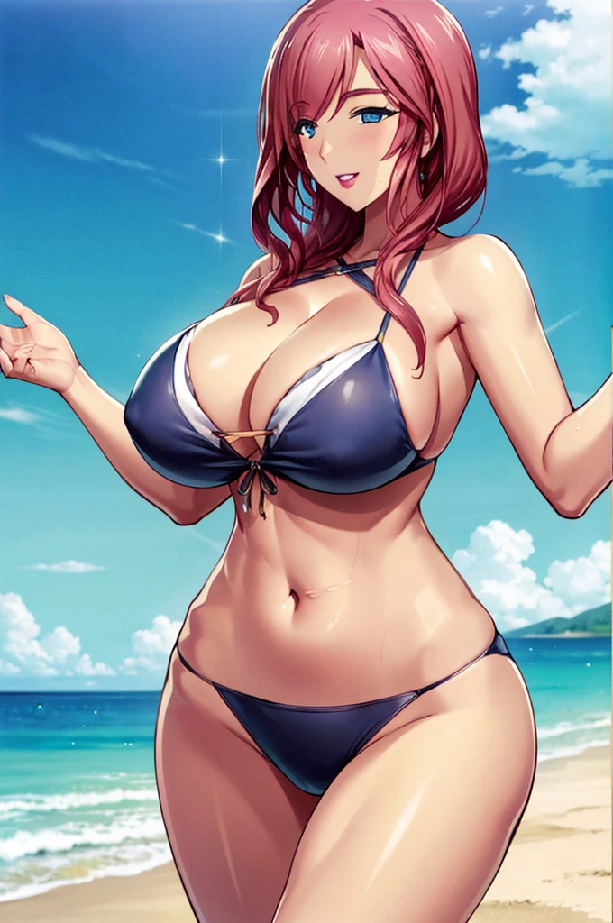 Bikini, cleavage, large breasts, smiling, (slim woman:1.7), at the beach, (tan skin:1.0)