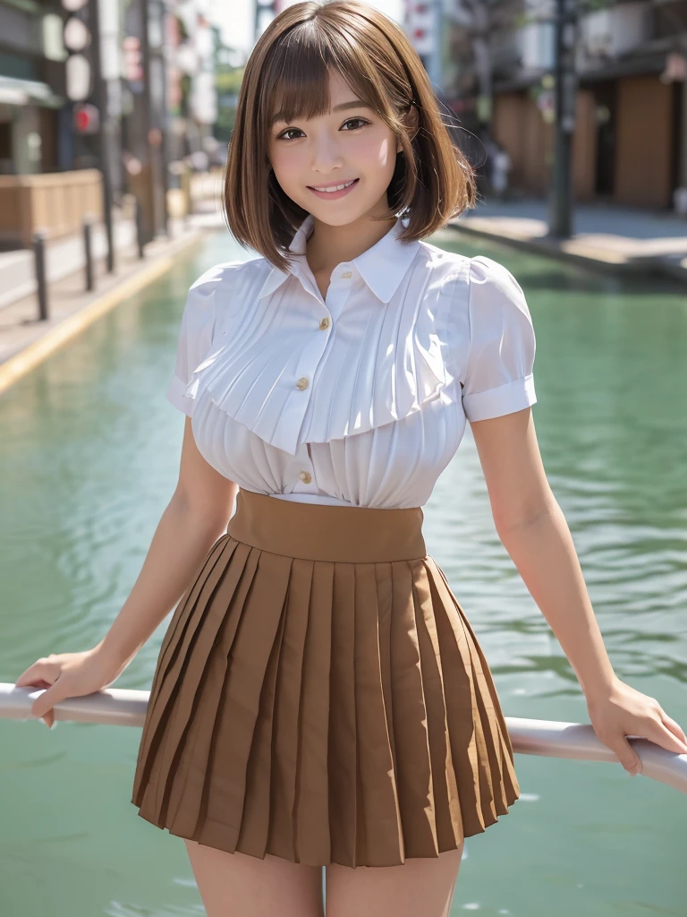 (8k,Highest quality,masterpiece: 1.2),(Realistic, Realistic: 1.37),Very detailed,One person,beauty,cute,Baby Face,smile, One personで,(Nose redness),(smile: 1.15),Beautiful Eyes,Big eyes,Brown eyes,(Brown Long Bob Hair: 1.5),bangs,Floating Hair NovaFrog Style,whole body,(Huge breasts:1.5),(Thighs:1.5)(((cute Japan Beautiful Girl))),(Beautiful attention to detail),(Highest quality),(Very detailedな),(masterpiece),(school uniform:1.4),(Ultra Short Micro Pleated Mini Skirt:1.5),(Body like a model),(Long legs)