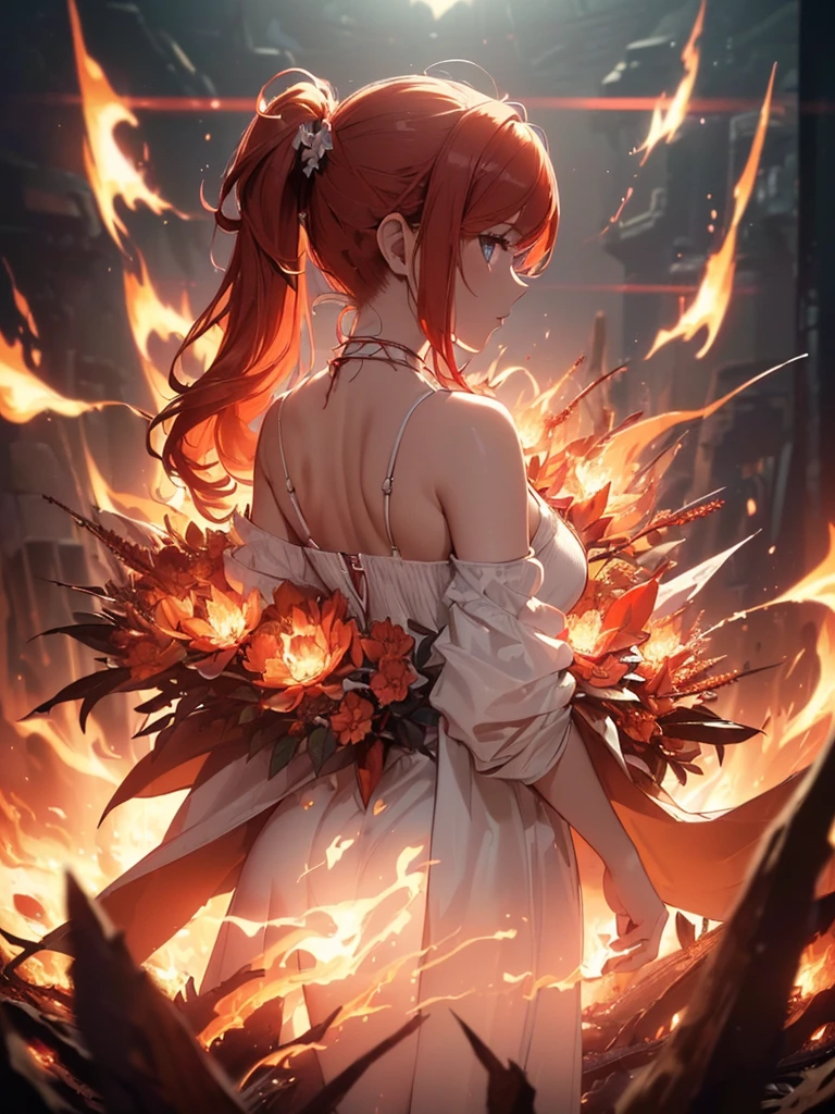 (((best quality, sharp image, clear image, cinematic lighting, 8k resolution, masterpiece, ultra detailed, intricate))) Girl, (((looking over right shoulder))), (shot from behind), ((half shot)), fiery red hair, pigtails, (white dress), ((flaming sigils, flaming runes)), spiky rock formations, (flaming lotus flowers), busy background, (swirling flames).