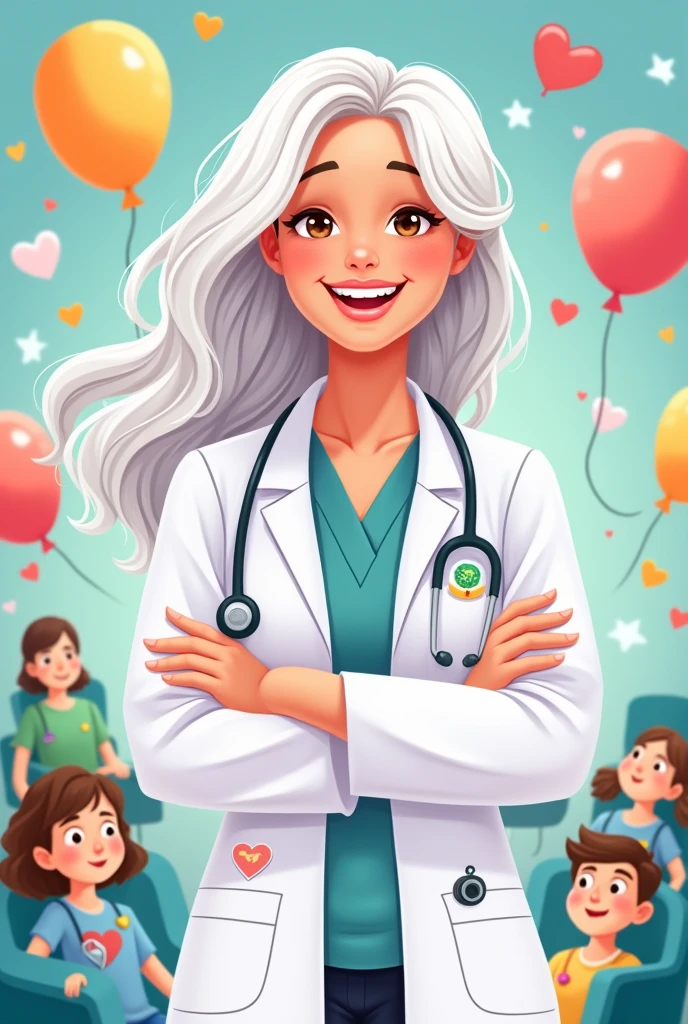Happy Doctor's Day image female doctor brown eyes white hair cartoon ,letters that say happy doctor's day