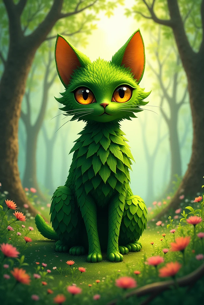 A giant cat made of tree leaves