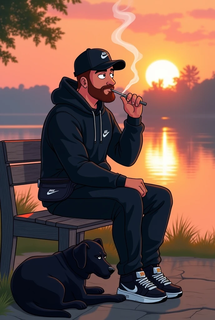 a sporty man sitting calmly by the lake watching the sunset. The man has a black dog and looks dangerous and wears a cap and a black Nike tracksuit and a black fanny pack. He's smoking a joint while sitting on a bench. Das bild ist im family guy stil