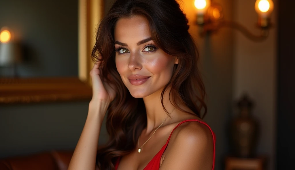 Uma mulher seductiv, with a confident smile, nice dress, seductiv, sexly,