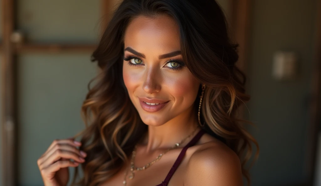 Uma mulher seductiv, with a confident smile, nice dress, seductiv, sexly,