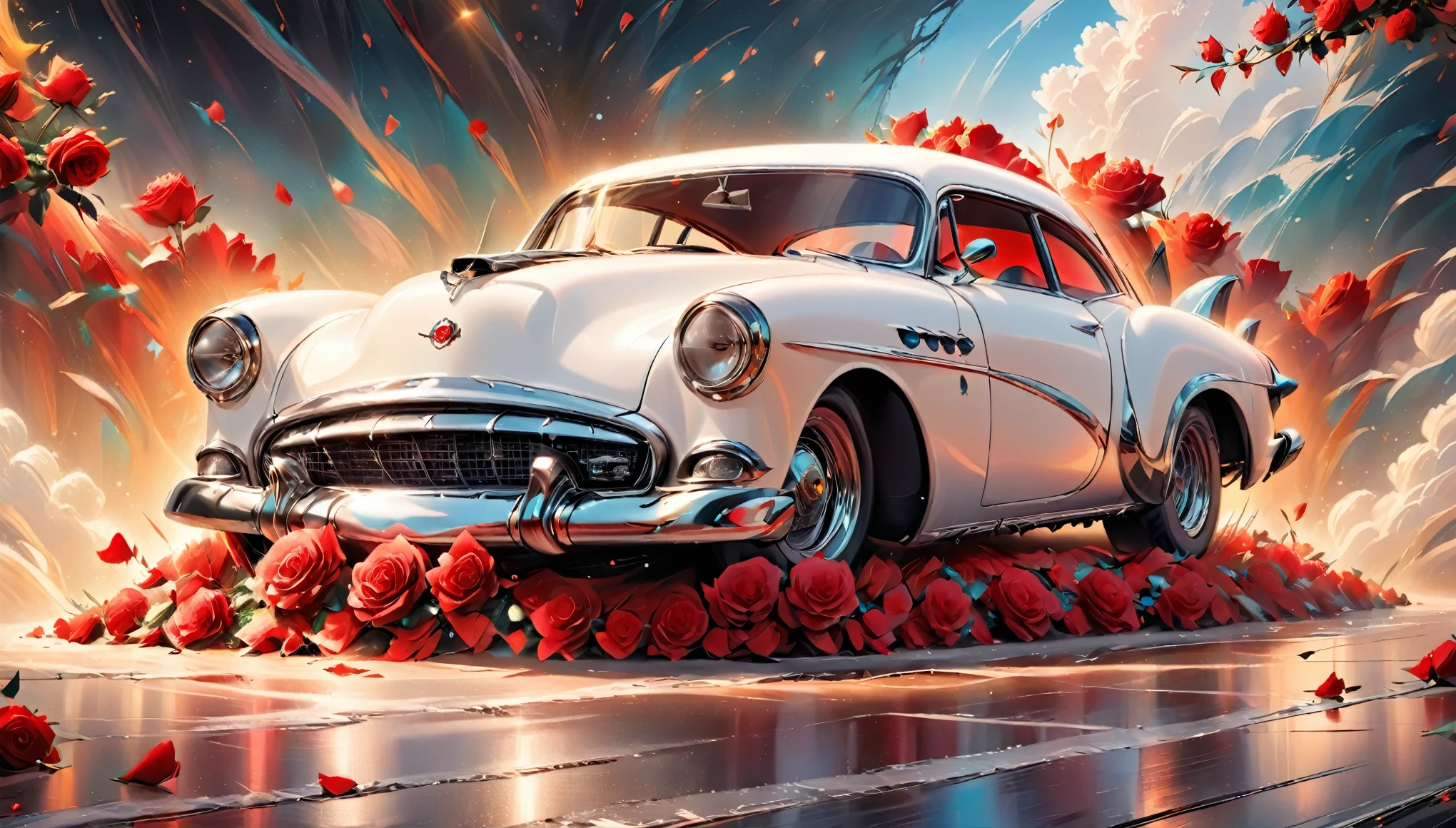 a picture of a (white sports car: 1.4) with (roses: 1.5) imprints on it, dynamic background, Ultra-high resolution, High Contrast, (masterpiece:1.5), highest quality, Best aesthetics), best details, best quality, highres, 16k, (ultra detailed: 1.5), masterpiece, best quality, (extremely detailed) RAW, (ultra details, Masterpiece, best quality),  Cinematic Hollywood Film, NRART, roses, LU