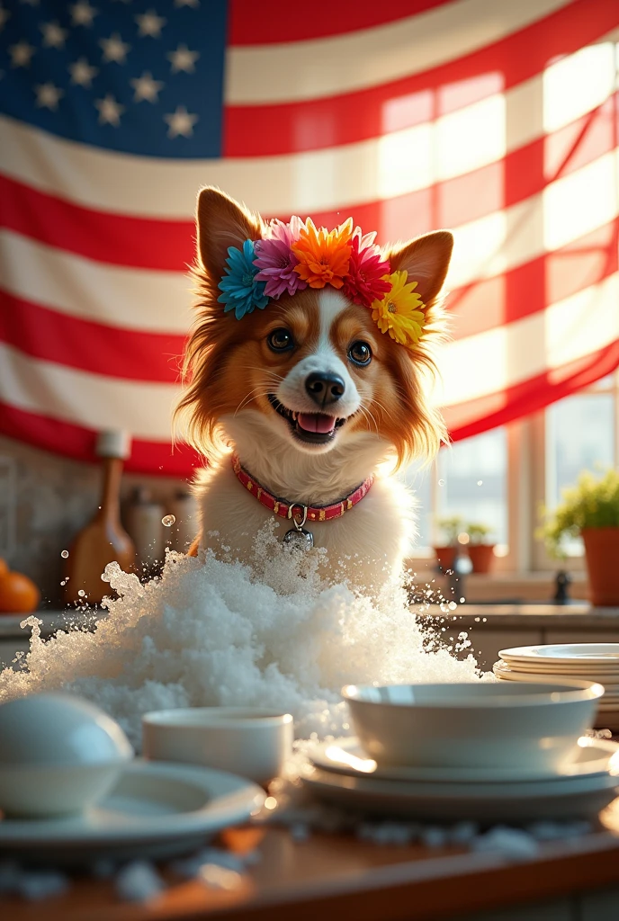 Make a bitch animal, that is scrubbing many dishes and is trending gay, that the bitch has flowers in her head and that the american flag comes out in the background