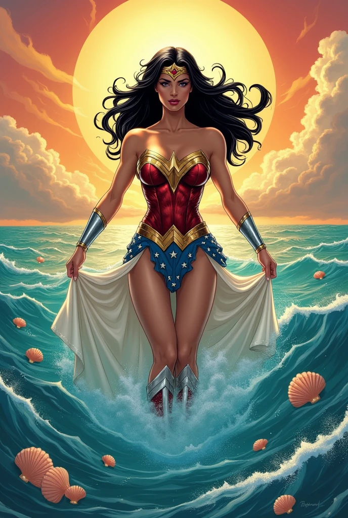 Comic book cover with the title Wonder Woman Reborn. Wonder Woman emerging from the sea, dressed like Sandro Botticelli's painting The Birth of Venus.