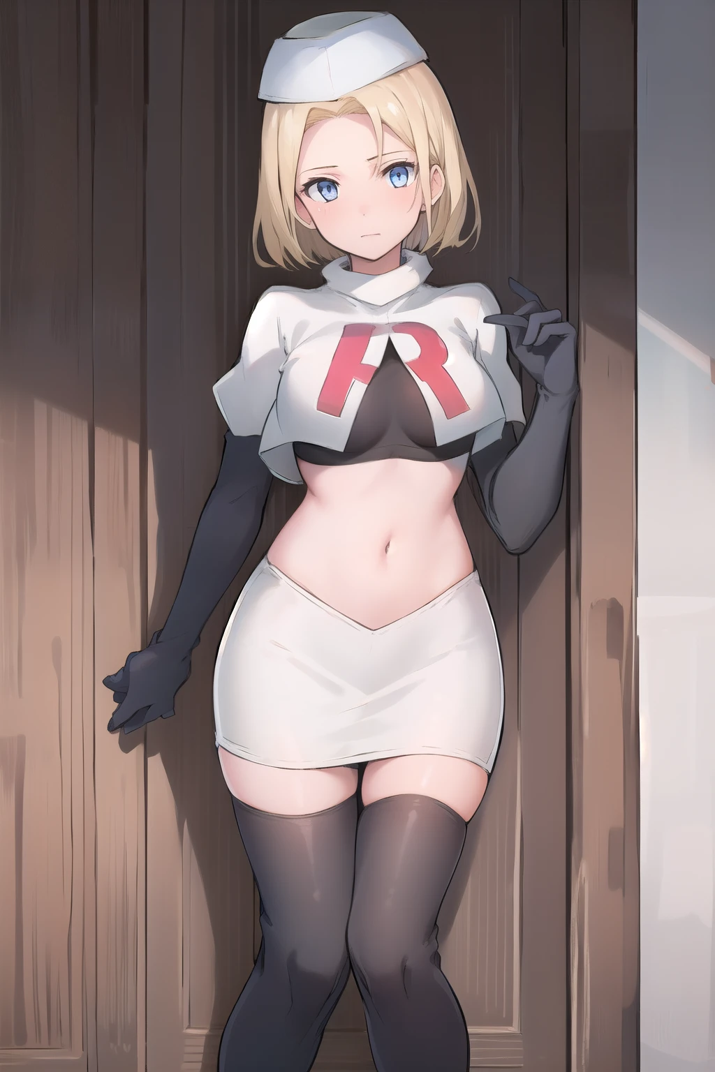 best quality, (masterpiece:1.2), illustration, absurdres, (1girl, solo, beautiful detailed girl),
 Theresia Caroline, short hair, blonde hair, blue eyes, medium breasts,
garrison cap, team rocket,team rocket uniform,white skirt,red letter R,crop top,black thigh-highs,black elbow gloves,
looking at viewer,