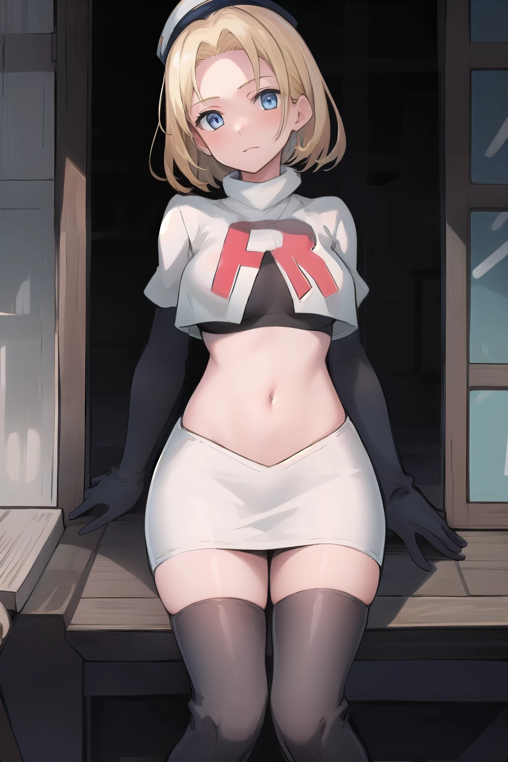 best quality, (masterpiece:1.2), illustration, absurdres, (1girl, solo, beautiful detailed girl),
 Theresia Caroline, short hair, blonde hair, blue eyes, medium ,
garrison cap, team rocket,team rocket uniform,white skirt,red letter R,crop top,black thigh-highs,black elbow gloves,
looking at viewer,