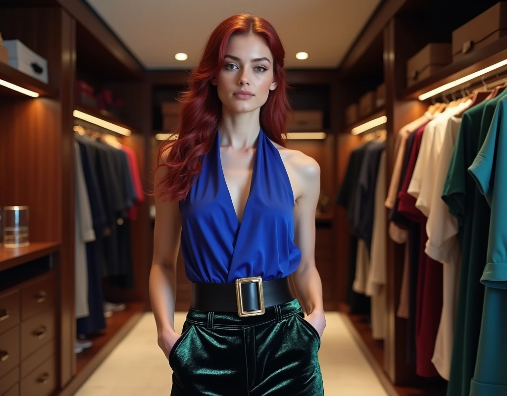 Full-length shot, woman, vibrant maroon wavy hair in a pony tail, very pale skin, and blue eyes. Sapphire blue-purple silk short-sleeve halter top untucked, thick black belt cinched around waist over the shirt, black velvet shorts with a green sheen and red wedge sandals. Standing in a chic, large black walk-in closet with cinematic lighting.
