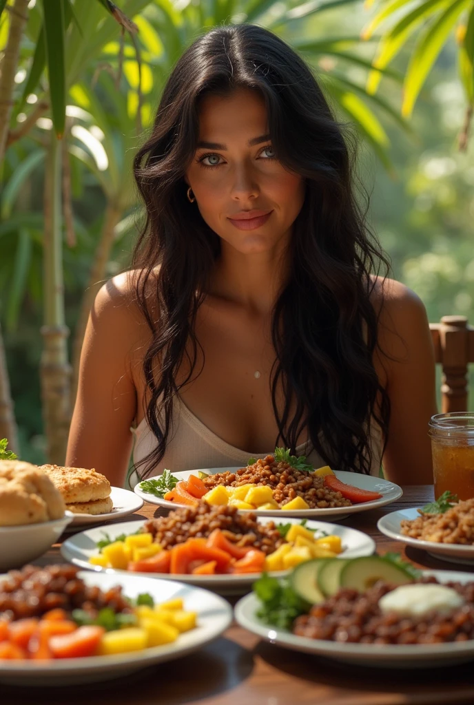 Realistic image of a white Brazilian woman sitting looking at food hungrily
