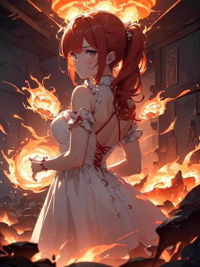 (((best quality, sharp image, clear image, cinematic lighting, 8k resolution, masterpiece, ultra detailed, intricate))) Girl, (((looking over right shoulder))), (shot from behind), ((half shot)), fiery red hair, pigtails, (white dress), ((flaming sigils, flaming runes)), spiky rock formations, (flaming lotus flowers), busy background, (swirling flames).