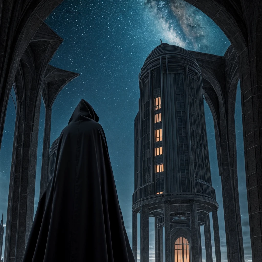 ((Best Quality)) Hooded figure gazing at the architecture of an advanced extraterrestrial civilization with a dark color palette.