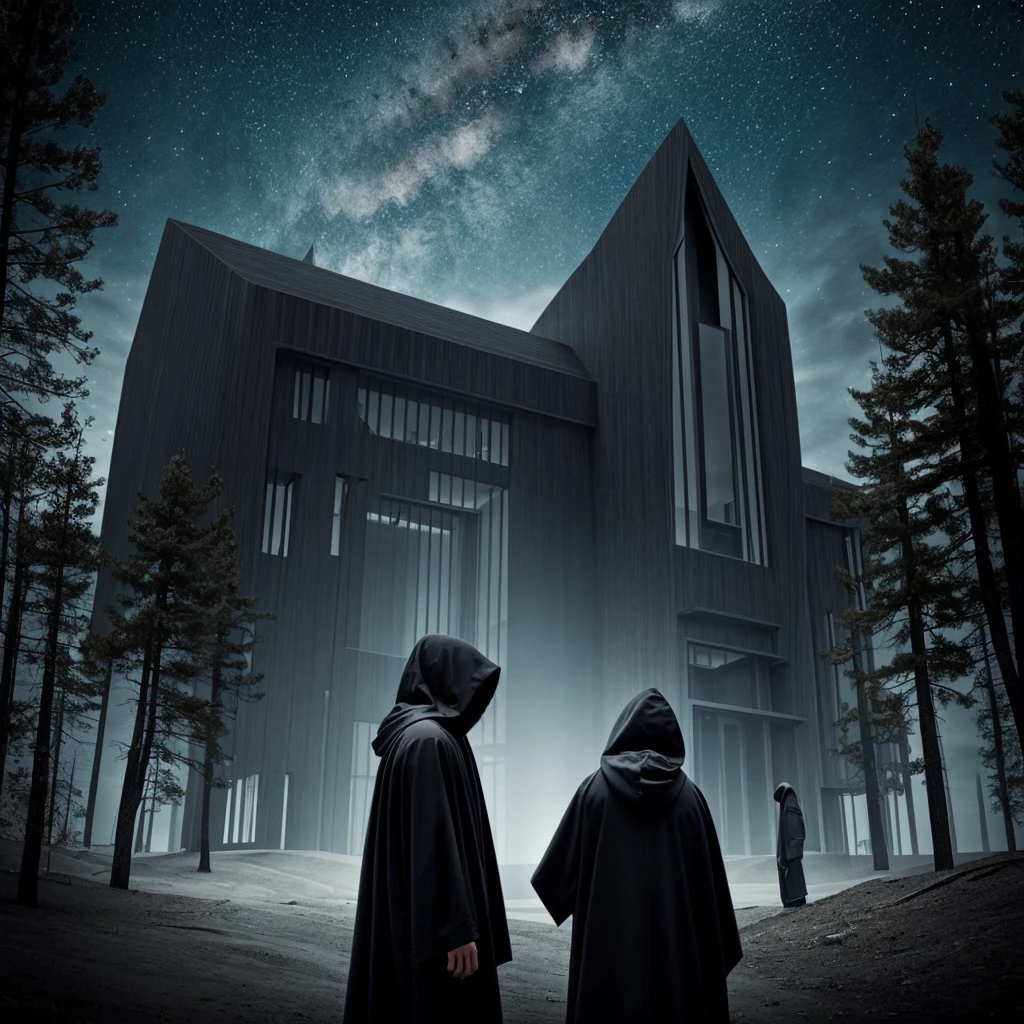 ((Best Quality)) Hooded figure gazing at the architecture of an advanced extraterrestrial civilization with a dark color palette.