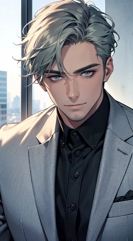 (best quality,4k,8k,highres,masterpiece:1.2),ultra-detailed,(realistic,photorealistic,photo-realistic:1.37),1 man,31 years old,mature man,very handsome,without expression,smile,short grey green hair,blue eyes,penetrating gaze,perfect face without errors,imposing posture,businessman,office background,cinematic lighting,hdr image