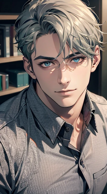 (best quality,4k,8k,highres,masterpiece:1.2),ultra-detailed,(realistic,photorealistic,photo-realistic:1.37),1 man,31 years old,mature man,very handsome,without expression,smile,short grey green hair,blue eyes,penetrating gaze,perfect face without errors,imposing posture,businessman,office background,cinematic lighting,hdr image