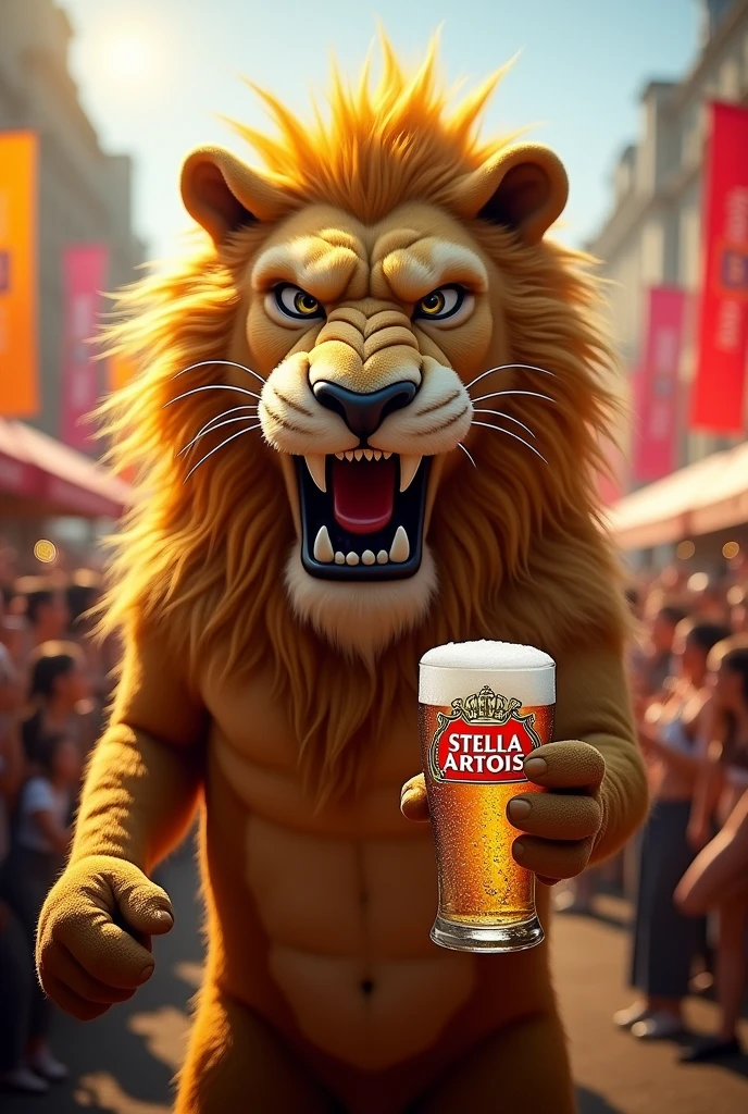 Lion mascot with a fierce face and a Stella beer in hand