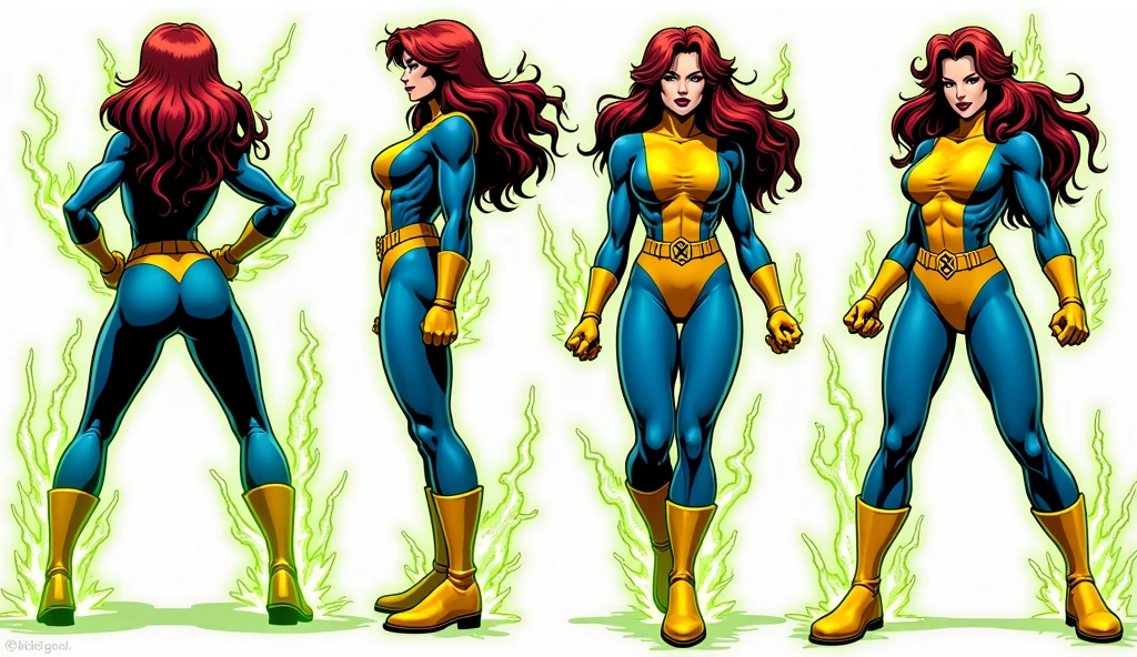 Lorna Dane, polaris x-men, (spritesheet 4 frames of a punch:1.6), (busty and voluptuous body) , (green thick wavy long hair:1.4), (huge breast:1.6), wearing a blue costume, big yellow in the chest and stomach, with yellow xmen belt, yellow glowes, yellow boots, (screenshot of a beat em up videogame), (she's surrounded by a green energy:1.5), (comic style:1.4)