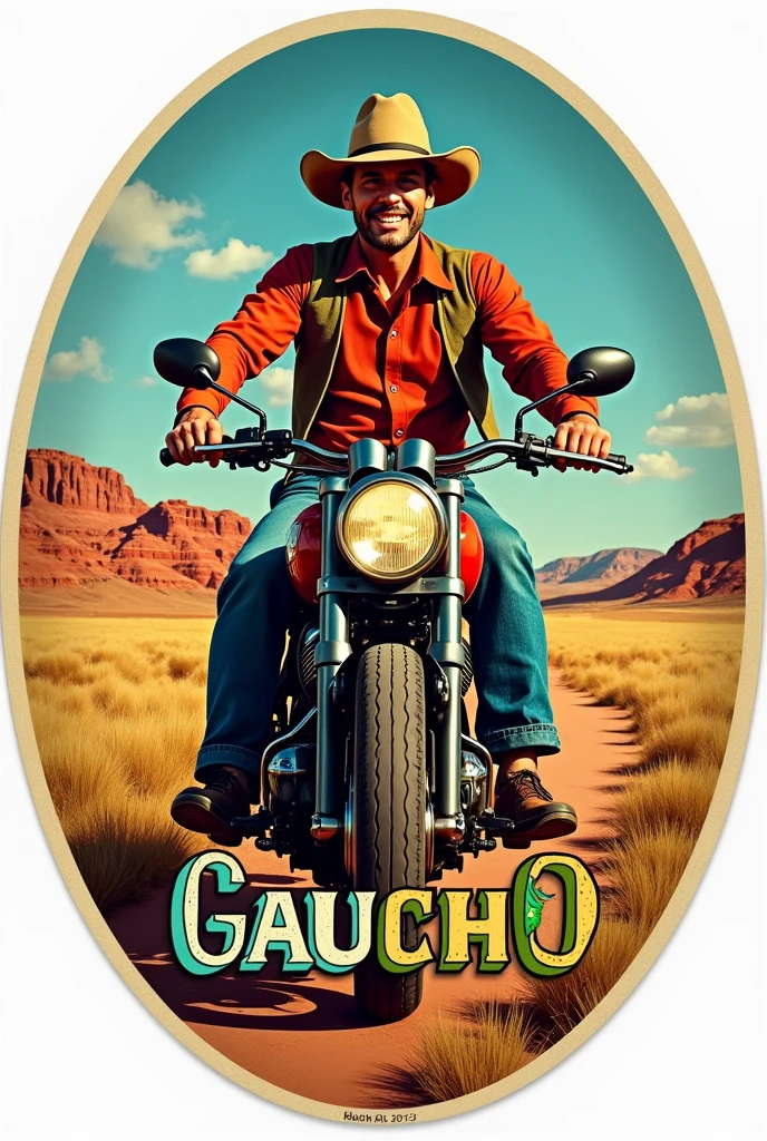make me a round stamp with a gaucho theme, where there will be a gaucho riding a biz motorcycle with the words 'GAUCHÃO' written in the middle clearly visible in red., green and yellow