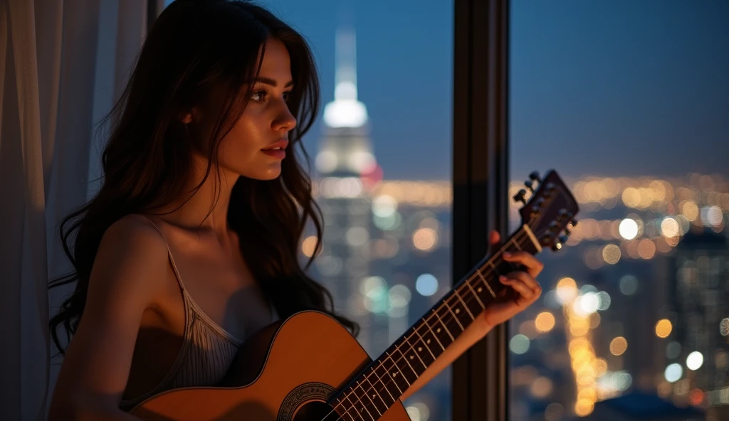The image features a beautiful woman with long brown hair, detailed beautiful face and eyes, wearing a sexy nightgown, playing a guitar by the window in a high-rise condo bedroom. It's nighttime, and the cityscape in the background is filled with twinkling lights. The soft bokeh effect from the F1.8 lens beautifully blurs the city lights, creating a dreamy atmosphere. The overall mood is intimate and luxurious, capturing the elegance and allure of the scene. Steps: 30, Sampler: Euler, Schedule type: Simple, CFG scale: 1, Distilled CFG Scale: 3.5, Seed: 4208341095, Size: 1152x1152, Model hash: c161224931, Model: flux1-dev-bnb-nf4, Lora hashes: "flux_train_replicate: e3b0c44298fc", Version: f2.0.1v1.10.1-previous-304-g394da019 Time taken: 1 min. 47.3 sec.