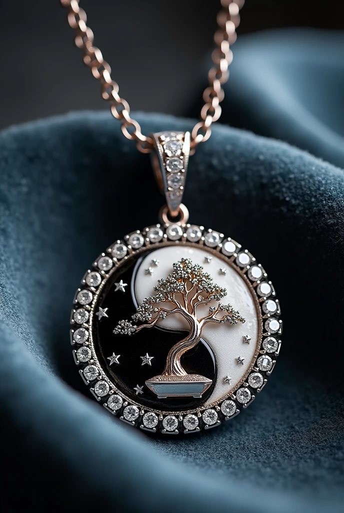 A chain pendant of ying yang with a bonsai tree in the center with diamonds surrounding 