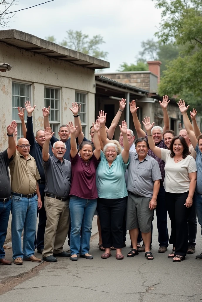 15 people, men and women aged 40 to 60, raising their hands, with different styles of clothing but without skirts, which are located on a street and in the background 1 simple houses, with details in the infrastructure degraded paint of 1 single floor, and the rest land, People must be of different builds, that is to say, thin, athletic, that they are fat.

The floor should be asphalt with light cracks, the house of block and roof of slab, without a basket in the environment and that it looks like it was taken in front of the houses.




