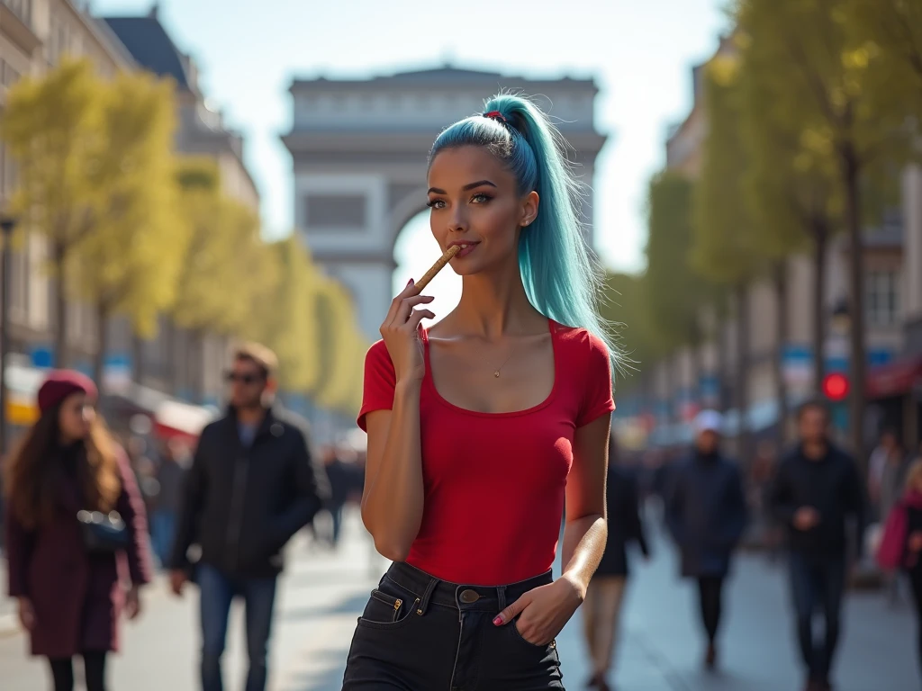a beautiful biracial latina woman long ponytail light blue hair light blue eyes big large breasts, wear red t-shirt low necked, with black jeans and black shoes, in paris street, close to The triumphal arch, eating churros