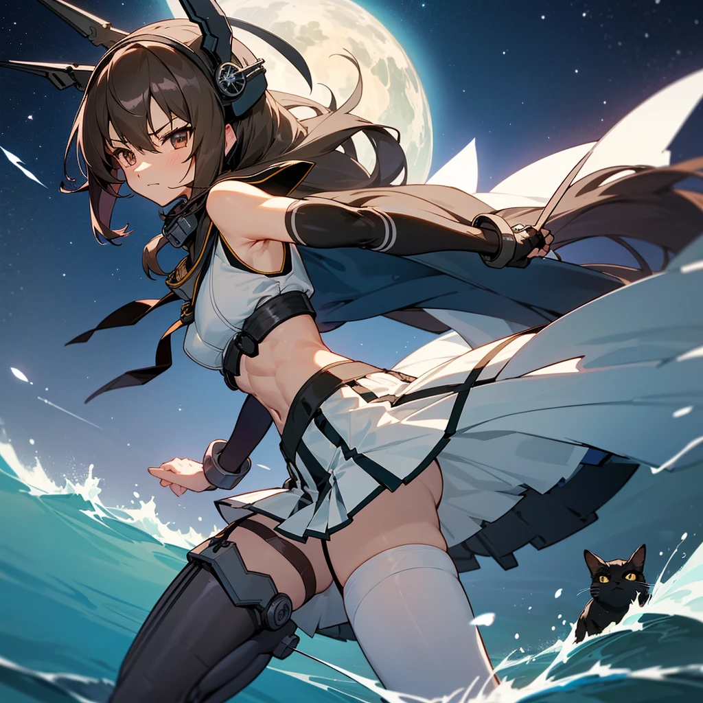hyper detailed, perfect anatomy, best quality, extremely delicate, extremely detailed, cool,1 girl, Nagato(kancolle), long hair, headgear, dark hair, hairband, collar, bare shoulders, crop top, elbow gloves, fingerless gloves, black gloves, midriff, pleated skirt, white skirt, garter straps, thighhighs, muscle, muscular abs, six pads, with a black cat, night sky, stars, milkyway, sea, wave,