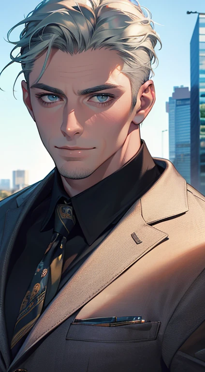 (best quality,4k,8k,highres,masterpiece:1.2),ultra-detailed,(realistic,photorealistic,photo-realistic:1.37),1 man,31 years old,mature man,very handsome,without expression,smile,short grey green hair,blue eyes,penetrating gaze,perfect face without errors,imposing posture,businessman,office background,cinematic lighting,hdr image