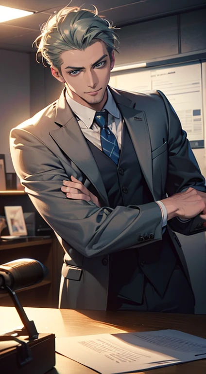 (best quality,4k,8k,highres,masterpiece:1.2),ultra-detailed,(realistic,photorealistic,photo-realistic:1.37),1 man,31 years old,mature man,very handsome,without expression,smile,short grey green hair,blue eyes,penetrating gaze,perfect face without errors,imposing posture,businessman,office background,cinematic lighting,hdr image