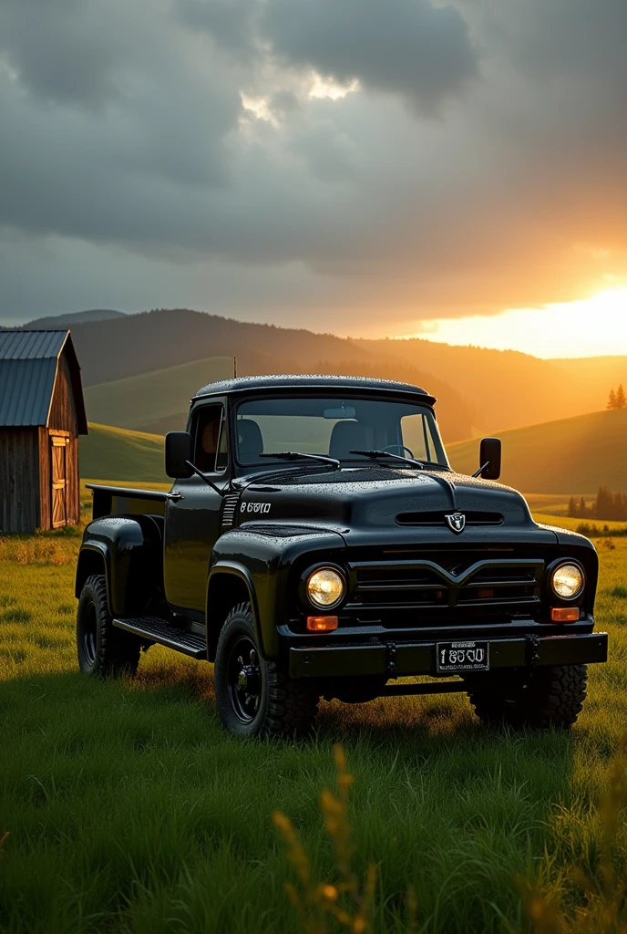 Black F1000 with fog lights on a farm