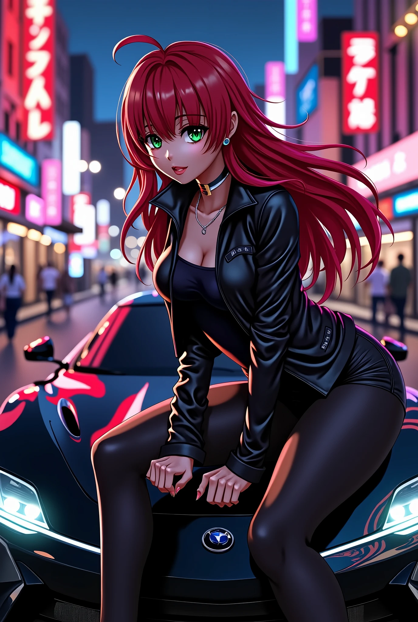 Anime woman with red hair, hood ornament on the car