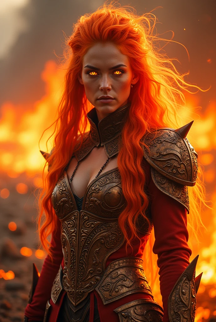 Woman with flaming hair, orange eyes , fire-colored armor , slim body.