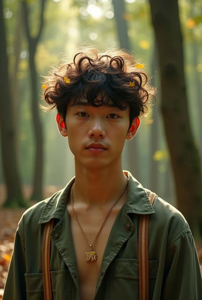 korean man 18 years old curly hair in the forest gold leaf on hair with a necklace gold name brix