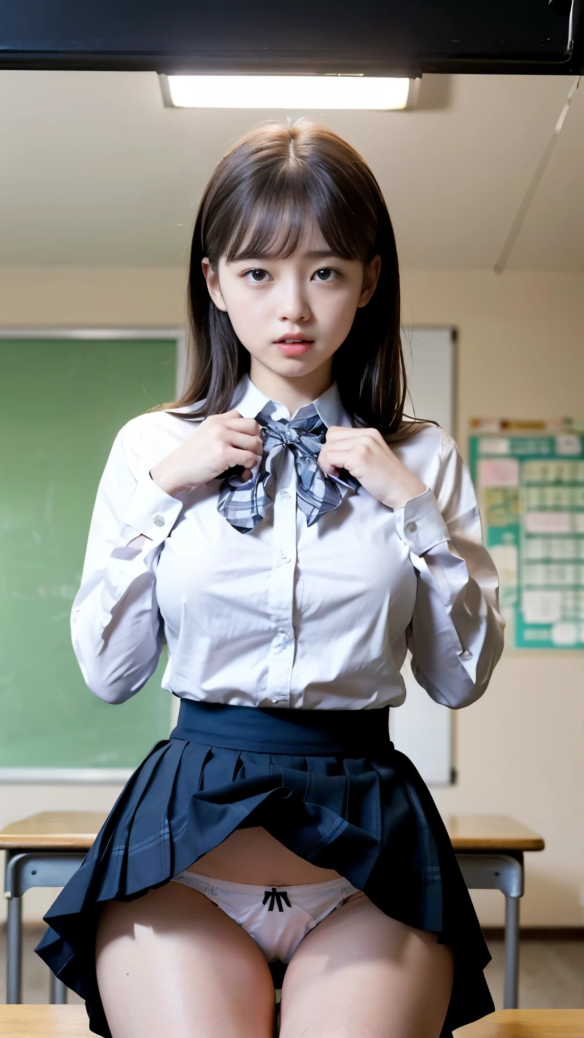 masterpiece, Highest quality, 8k, Young and beautiful, 、服はbigです、photo shoot, Cute Face, Thighs, Bright classroom,  (((Embarrassing)))、Embarrassing、No makeup, 10 generations, Detailed face, Background Blur、Tight waist、((((School uniforms、White shirt、Checked mini skirt、Lift up your skirt、小さなShow me your panties、Show me your panties)))), Straight hair、Light brown hair、(((Please lift up your skirt sadly)))、Bright classroom、Thighs、((Small panties))、(((Lift up her skirt yourself)))、(((big 、It's heartbreaking.、big Tits))