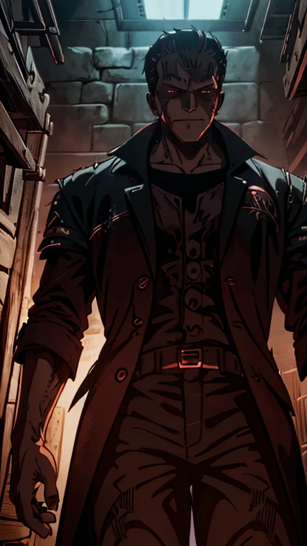 (1boy, f1), (extremely detailed CG unit 8k wallpaper),(master part), (best quality), (ultra detail), (best illustration),(wanostyle), cowboy shot, (Sharp eyeliner, ombre, detail eyes), dark dungeon interiors background, ,break , (vamptech),