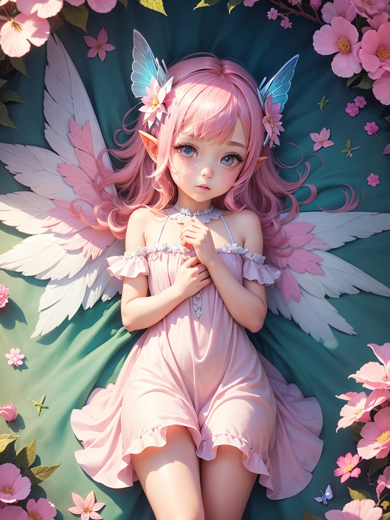 cute  Angel, blue butterfly, pinkhair, pink eyes,  dress pointy ears dress made of petals leaves glitter sun leaves flowers angel wings