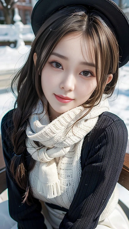 (Close-up:1.4)、 (RAW Photos:1.2)、(Photorealistic:1.4)、(masterpiece:1.3)、(Highest quality:1.4)、dream-like、(Detailed eyes)、(Detailed facial features)、(Detailed clothing features)、Skin Tightening、(Glowing Skin)、(Slender girl)、(Slim)、1 Female、(Whole Body Ezbian))、solo、Extraordinary beauty、Smiley、(Mid-breasted)、Bans、Braid、length、Blonde、Aimee、Glasses、Big hat、Crystal Pendant、Long blue scarf、White long wool coat、Black thick pantyhose、Brown snow boots、