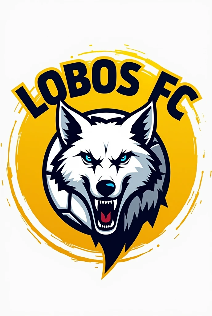 Create a logo for a yellow soccer team, in the center there should be a ball split in half and in the middle a fierce white wolf coming out, the logo should say: LOBOS FC .