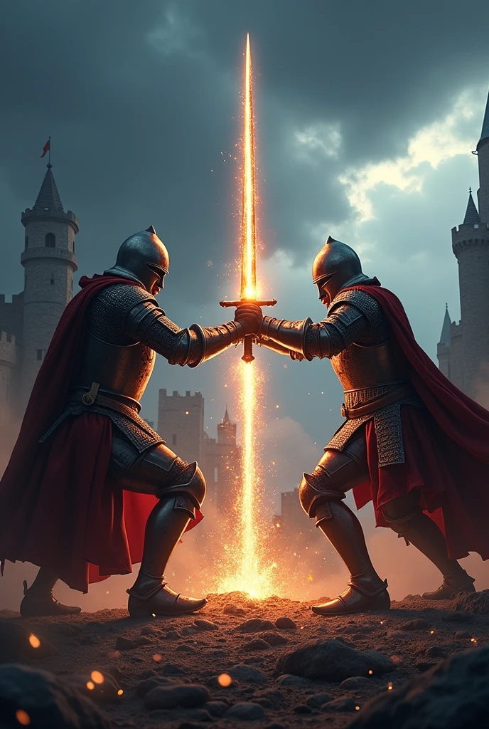 Create a 1200 x 480 banner with knights battling with glowing swords