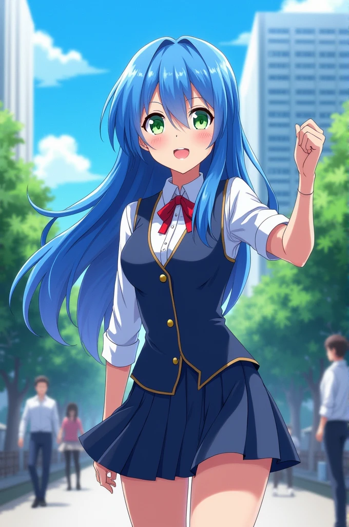 Can you make an image of a -yeld an girl with blue hair and green eyes wearing the UA Academy uniform? 
