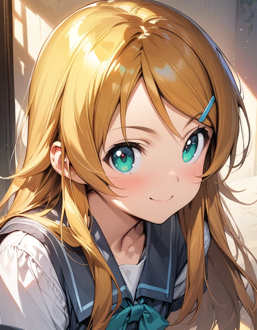 (masterpiece),(best quality),(ultra-detailed),(best illustration),(best shadow),(absurdres),(detailed background),(very aesthetic), kirino kousaka, blonde hair, long hair, hair clip, green eyes, bangs, schoolgirl uniform, looking at viewer, upper body, smile, leaning forward 