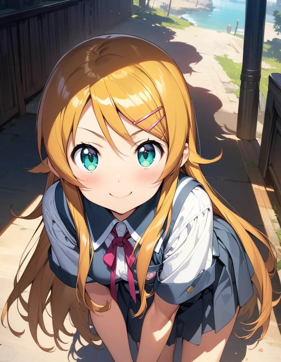 (masterpiece),(best quality),(ultra-detailed),(best illustration),(best shadow),(absurdres),(detailed background),(very aesthetic), kirino kousaka, blonde hair, long hair, hair clip, green eyes, bangs, schoolgirl uniform, looking at viewer, upper body, smile, leaning forward 