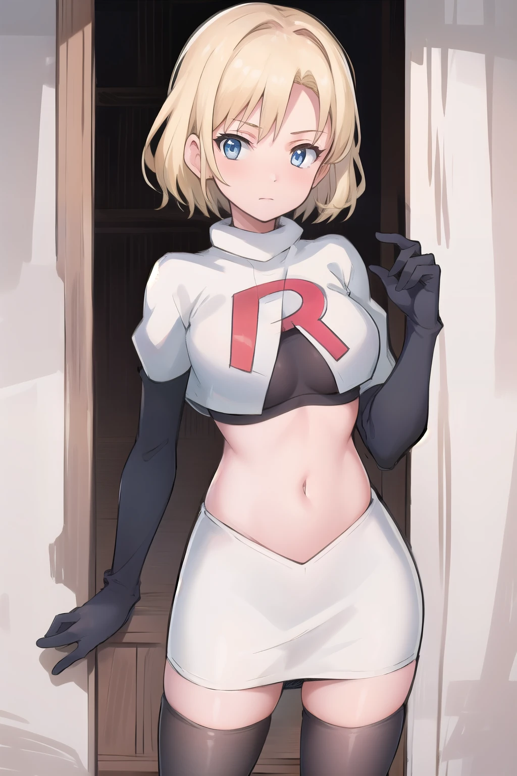 best quality, (masterpiece:1.2), illustration, absurdres, (1girl, solo, beautiful detailed girl),
 Theresia Caroline, short hair, blonde hair, blue eyes, medium breasts,
garrison cap, team rocket,team rocket uniform,white skirt,red letter R,crop top,black thigh-highs,black elbow gloves,
looking at viewer,