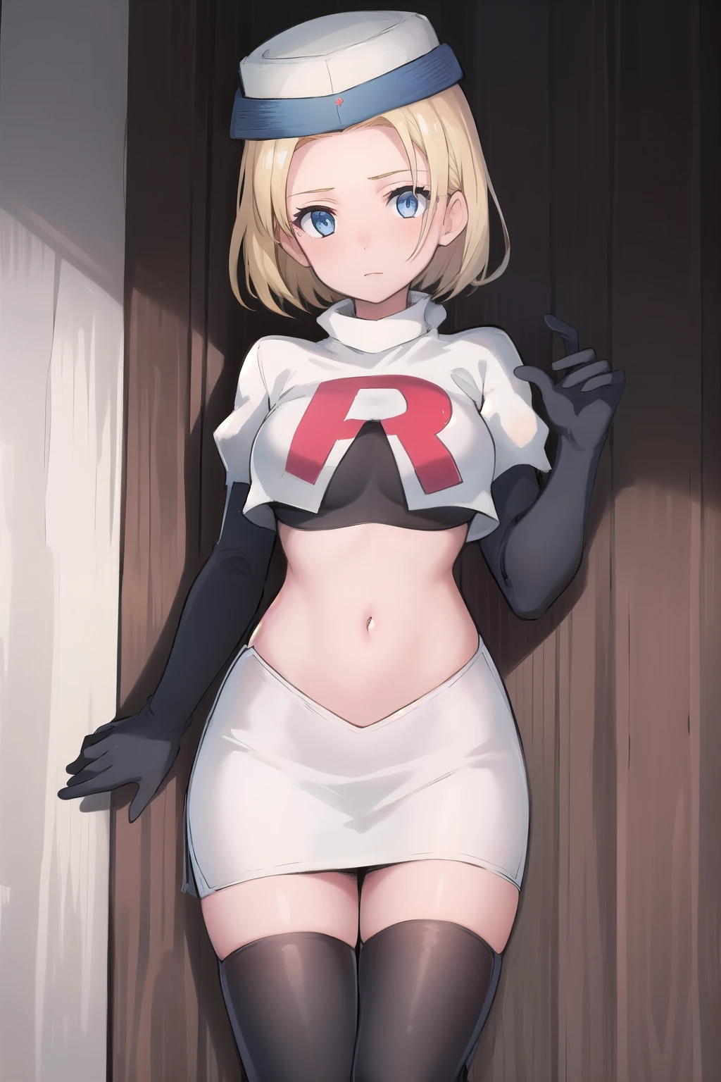 best quality, (masterpiece:1.2), illustration, absurdres, (1girl, solo, beautiful detailed girl),
 Theresia Caroline, short hair, blonde hair, blue eyes, medium breasts,
garrison cap, team rocket,team rocket uniform,white skirt,red letter R,crop top,black thigh-highs,black elbow gloves,
looking at viewer,