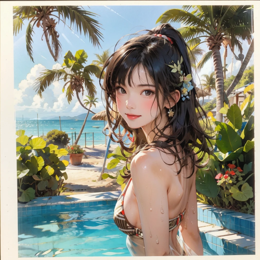 ((highest quality, masterpiece, High resolution)), ((reality)),Photos of beautiful Japanese women,((anime art))、 (((1 girl))), normal size breasts, slim body shape, long ponytail,double eyelid, Wet see-through micro bikini, A pareo with bold ethnic patterns and plenty of primary colors、(Brown skin:1.4),realistic skin、Wet,whole body,cinematic light、tropical、Against the background of palm trees on both sides、on a sunny beach、With the sea in the background、blur background、smile