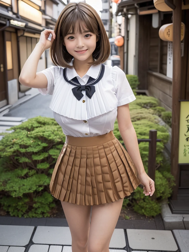 (8k,Highest quality,masterpiece: 1.2),(Realistic, Realistic: 1.37),Very detailed,One person,beauty,cute,,smile, One personで,(Nose redness),(smile: 1.15),Beautiful Eyes,Big eyes,Brown eyes,(Brown Long Bob Hair: 1.5),bangs,Floating Hair NovaFrog Style,whole body,(Huge breasts:1.5),(Thighs:1.5)(((cute Japan Beautiful Girl))),(Beautiful attention to detail),(Highest quality),(Very detailedな),(masterpiece),(school uniform:1.4),(Ultra Short Micro Pleated Mini Skirt:1.5),(Body like a model),(Long legs)