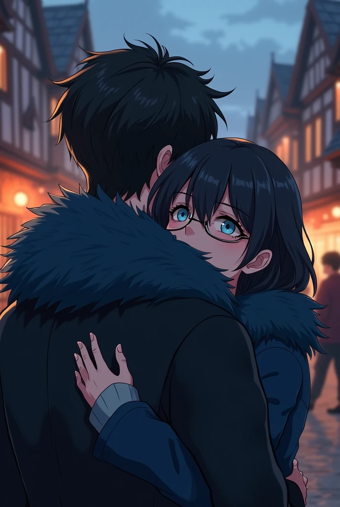 2D animation, anime, women adult, big breasts (1.4), long blue fur, white eyes, baggy eyes, rostro tired out, small face, eye bags, adult, women, mayor, medieval clothing, white pupils, white eyes, dark blue hair, baggy eyes, gloomy face, tired out, dark blue hair, pearl colored eyes, big breasts, women abrazando por la espalda, man adult, man, adult, mayor, back hug, man de cabello negro, with glasses, clear skin, women lo abraza por la espalda.